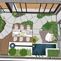 Courtyard Garden Outdoor Dining Space With Marble Table White Chairs Green Plants And Modern Fountain