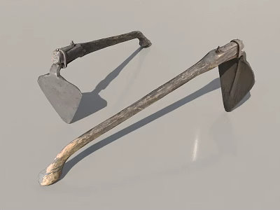 Two Pieces Of Traditional Agricultural Equipment With Metal Blades And Wooden Handles 3d model
