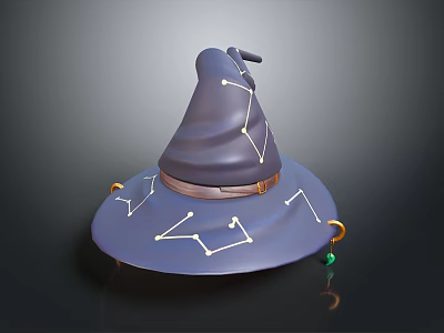 Deep Purple Witch Hat with White Constellation Patterns and Colorful Pendants for Daily Accessory 3d model