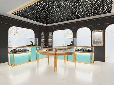 Jewelry Store Interior With Gold Patterned Ceiling Arched Windows Blue Display Cases And Round Showcase 3d model