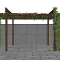Wooden Pergola Covered With Green Ivy Against Gray Wall On Stone Paved Ground