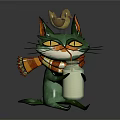 Green cat wearing colorful scarf holding white bottle with small bird on head