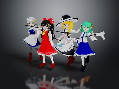 Anime Style Characters in Different Costumes With Weapons and Various Hairstyles 3d model