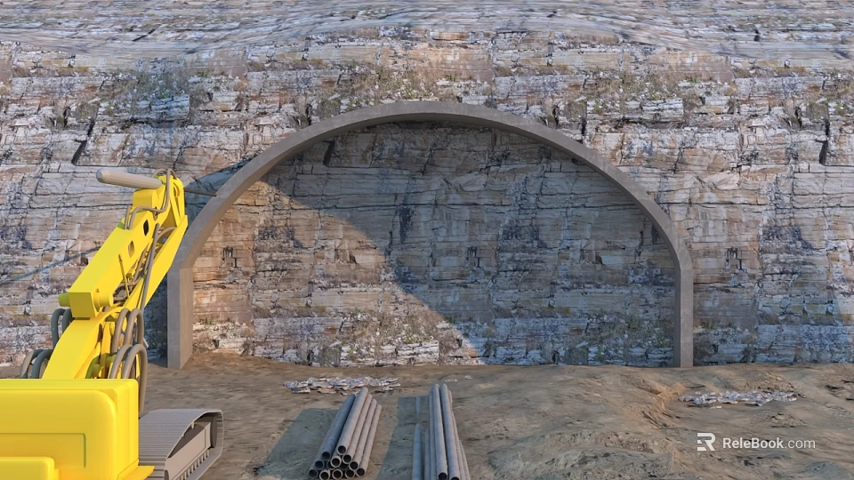 Tunnel Construction Site With Rock Wall Arch Excavator And Steel Pipes 3d model 