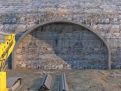 Tunnel Construction Site With Rock Wall Arch Excavator And Steel Pipes 3d model