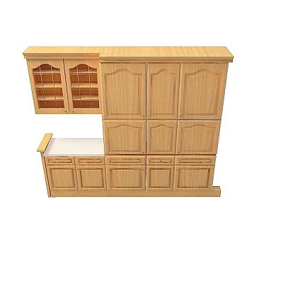 Wooden Kitchen Cabinets With Glass Door Upper Units White Countertop And Drawers 3d model