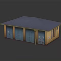 Small Utility Building With Blue Roof Yellow Walls Multiple Blue Doors And Windows With Reflection