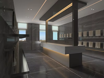 Modern Public Restroom Interior With Open Concept Gray Marble Long Vanity Mirrors And Light Strips 3d model