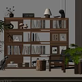 Wooden Bookcase Interior With Multi Shelves Books Decorative Items And Potted Plants