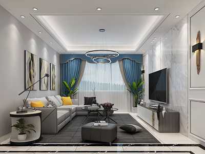 Modern Living and Dining Room Interior With Gray Sofa Yellow Cushions Blue Curtains 3d model