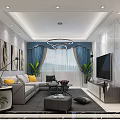 Modern Living and Dining Room Interior With Gray Sofa Yellow Cushions Blue Curtains