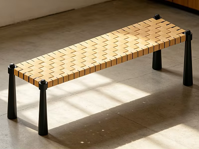 Modern Indoor Wooden Bench With Geometric Pattern Surface And Black Legs 3d model