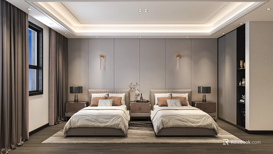 Modern Hotel Guest Room With Twin Beds Bedside Tables Wall Sconces And Curtains 3d model 