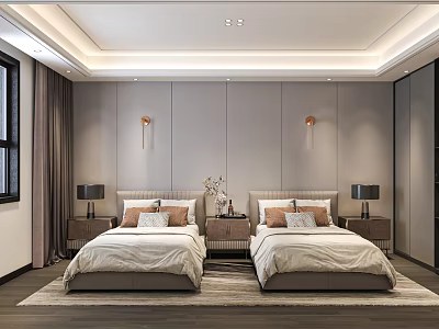Modern Hotel Guest Room With Twin Beds Bedside Tables Wall Sconces And Curtains 3d model