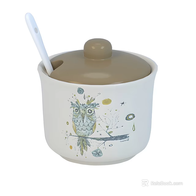 Ceramic Storage Container With Brown Lid Owl Design Spoon And Decorative Elements 3d model