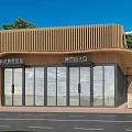 Modern Sales Office Building Featuring Wooden Facade Large Glass Windows And Landscaped Lawn Pathway