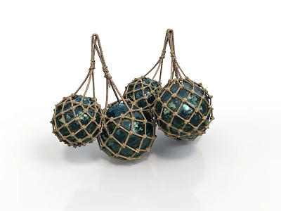 Three Decorative Balls in Handwoven Jute Net Sacks for Home Decoration Items 3d model