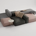 Modern Sectional Sofa Set With Gray Pink Modular Seats Checkered Accents And Small Side Table