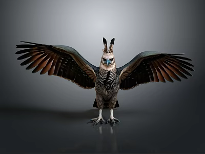 Mythical Bird With Spread Wings Blue Eyes And Crown Feathers On Dark Background 3d model