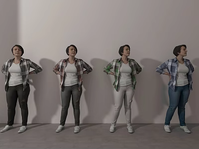 Four Women Standing with Hands on Hips in Different Casual Outfits Against Gray Background 3d model