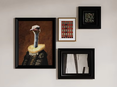 Assorted Framed Wall Art Including Ostrich Portrait Geometric Patterns And Architectural Print 3d model
