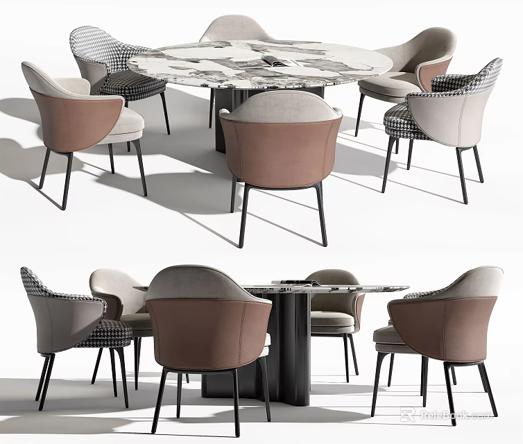 Modern Round Dining Table Set With Marble Top And Beige Brown Chairs 3d model