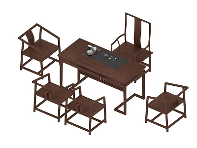 Chinese Style Wooden Tea Table With Matching Chairs And Tea Set 3d model