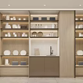 Modern Kitchen Tableware Set Display On Shelves With Wooden Cabinets White Countertop And Landscape Painting