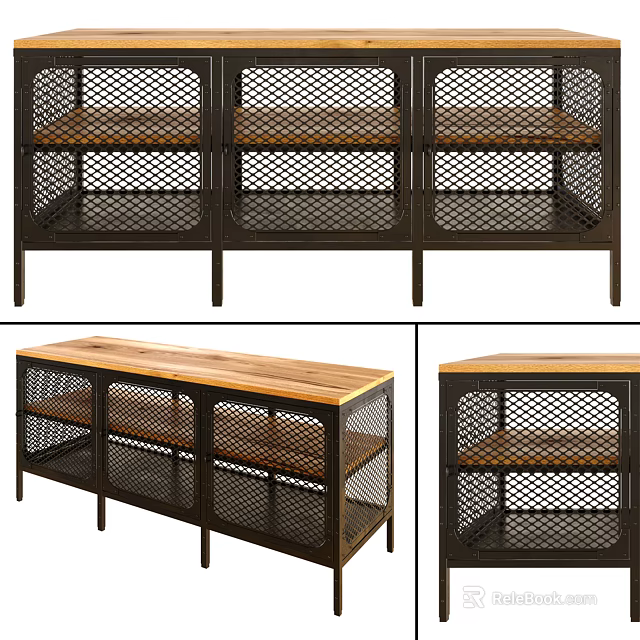Modern Console Cabinet Sideboard With Metal Frame Wooden Top And Mesh Storage Shelves 3d model 