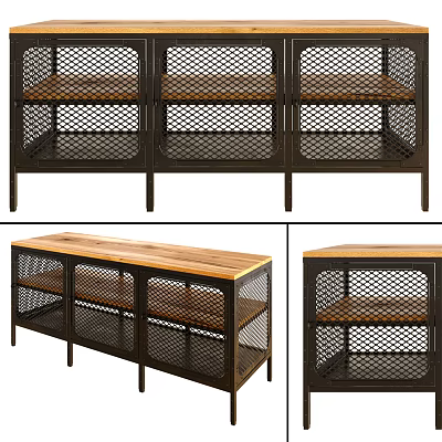 Modern Console Cabinet Sideboard With Metal Frame Wooden Top And Mesh Storage Shelves 3d model