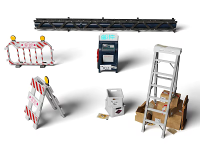 Road Facilities With Traffic Barrier Toll Payment Machine Warning Sign Ladder And Tool Boxes 3d model