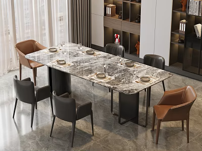 Modern Dining Table Set With Marble Tabletop And Six Brown Black Chairs In Modern Interior 3d model