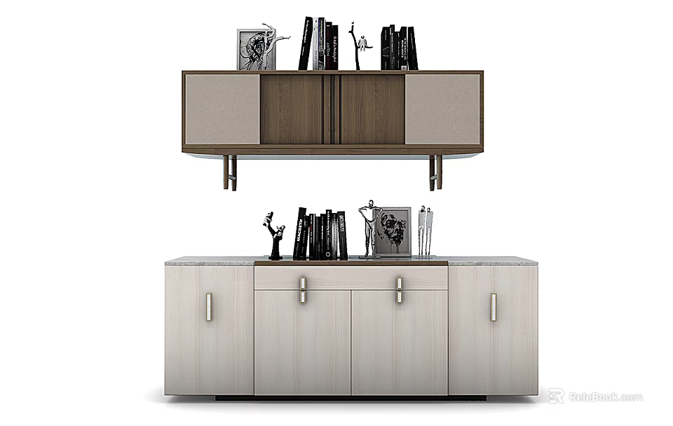 Modern Minimalist TV Stand With Upper Cabinet And Lower Drawers Decorated With Books And Sculptures 3d model 