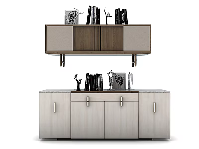 Modern Minimalist TV Stand With Upper Cabinet And Lower Drawers Decorated With Books And Sculptures 3d model
