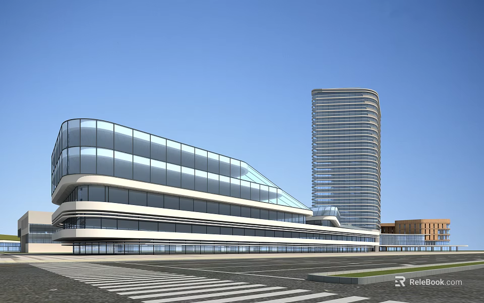Modern Urban Architectural Complex Featuring Glass Curtain Walls Streamlined Design and High Rise Tower 3d model 