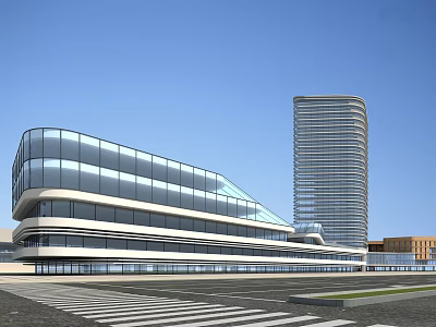 Modern Urban Architectural Complex Featuring Glass Curtain Walls Streamlined Design and High Rise Tower 3d model