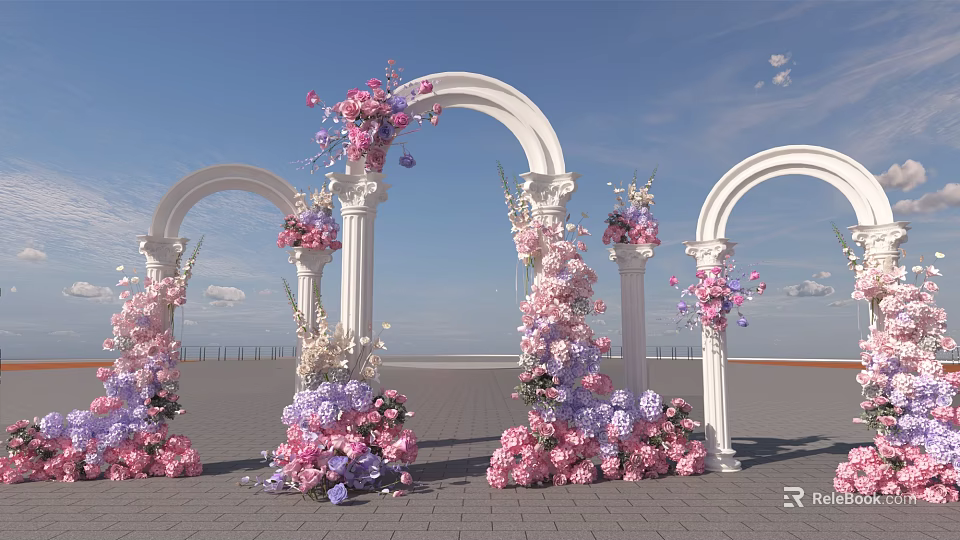 Floral Decorated Art Installation With White Archways Pink Purple Flowers Blue Sky Brick Pavement 3d model 