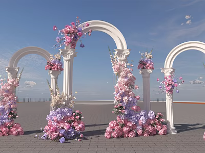 Floral Decorated Art Installation With White Archways Pink Purple Flowers Blue Sky Brick Pavement 3d model