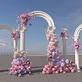 Floral Decorated Art Installation With White Archways Pink Purple Flowers Blue Sky Brick Pavement
