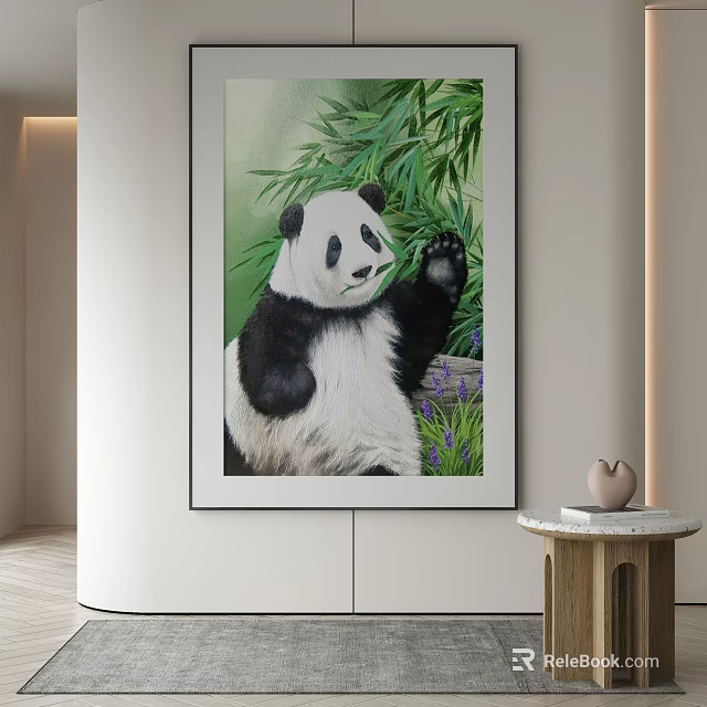 Abstract Painting Featuring Panda Bamboo And Purple Flowers In Interior Setting 3d model 