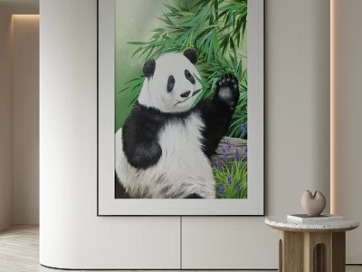 Abstract Painting Featuring Panda Bamboo And Purple Flowers In Interior Setting 3d model