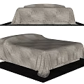 Two Views of Double Bed Covered with Light Colored Bedspread on Black Carpet
