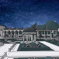 Ancient Architecture Featuring Dome Ornate Garden Fountains And Starry Sky