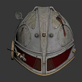 Ornate Vintage Metal Helmet With Intricate Design Silver Red Accents And Metallic Finish