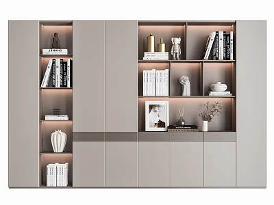 Modern Light Gray Bookcase with Open Shelves Closed Cabinets Books and Decorative Items 3d model