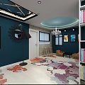 Hotel Corridor With Dark Blue Walls Yellow Door And Colorful Floral Patterned Floor