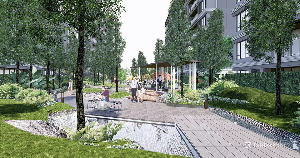 Elegant Pergola in Community Park with Lush Trees Seating and People Relaxing 3d model 