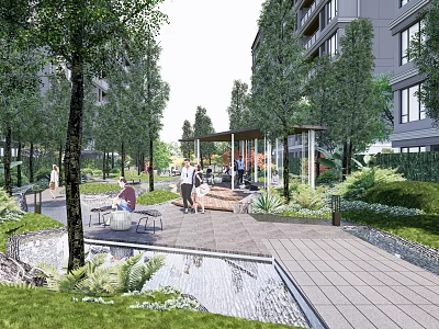 Elegant Pergola in Community Park with Lush Trees Seating and People Relaxing 3d model
