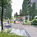 Elegant Pergola in Community Park with Lush Trees Seating and People Relaxing