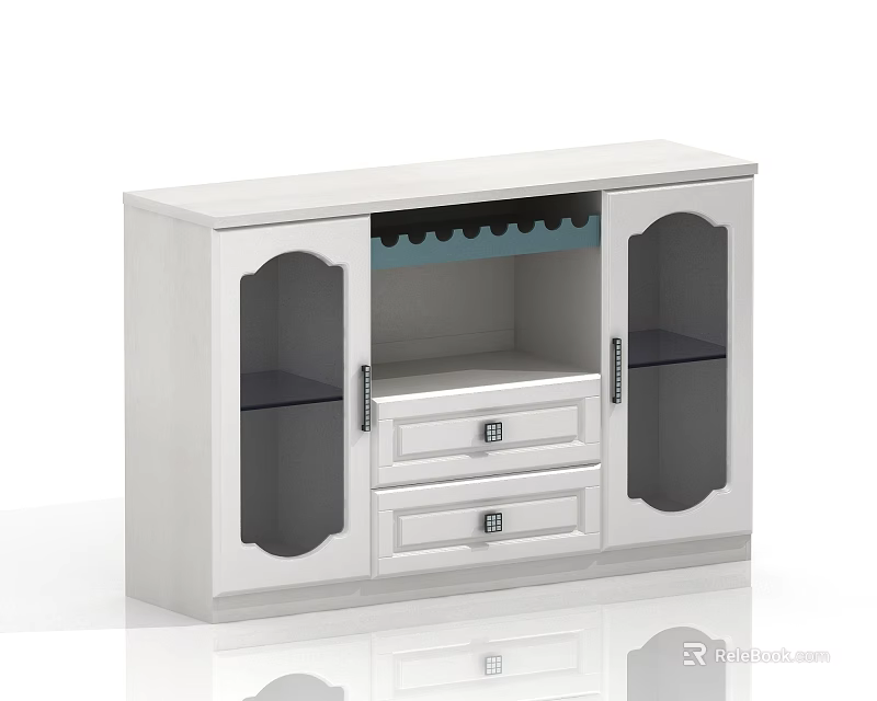 Modern White Sideboard With Glass Doors Drawers And Wine Rack Design 3d model 